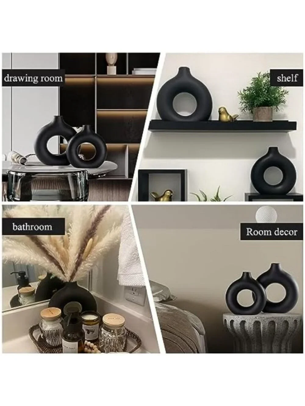 Set of 2 Black Ceramic Donut Vases - Matte Hollow Round Pampas Flower Decor